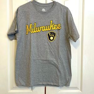 Majestic Milwaukee, baseball gray T-shirt, yellow logo size large
